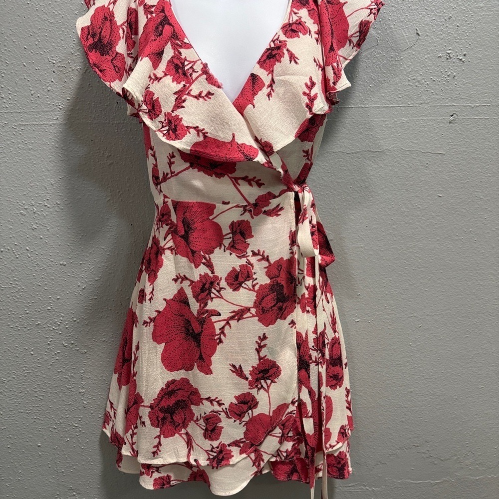Free People Floral Ruffle Wrap Mini Dress Cream Pink Cap Sleeve Size S‎ - Picture 3 of 8